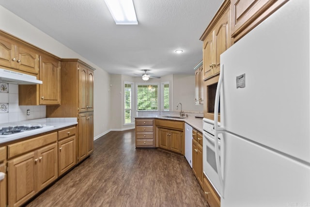 1226 Grayson Cir, Malvern, AR 72104 - kitchen featuring white appliances, under cabinet range hood, light countertops, dark wood-style flooring, and a textured ceiling