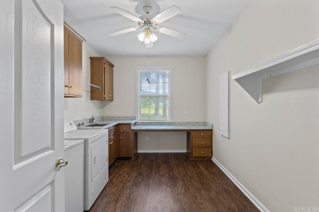 1226 Grayson Cir, Malvern, AR 72104 - washroom featuring cabinet space, dark wood-style floors, washing machine and dryer, and ceiling fan