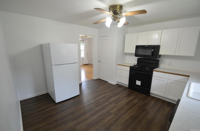 kitchen with black appliances, light countertops, dark wood-type flooring, a ceiling fan, and white cabinets