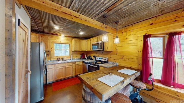 25 Jared Cir, Heber Springs, AR 72543 - kitchen with stainless steel appliances, wooden ceiling, hanging light fixtures, light countertops, and wood walls
