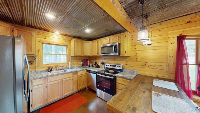 25 Jared Cir, Heber Springs, AR 72543 - kitchen featuring stainless steel appliances, dark wood finished floors, wood ceiling, wood walls, and decorative light fixtures