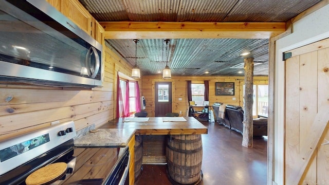 25 Jared Cir, Heber Springs, AR 72543 - kitchen with stainless steel appliances, finished concrete flooring, wood walls, a peninsula, and open floor plan