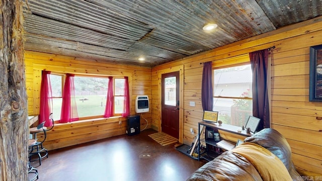 25 Jared Cir, Heber Springs, AR 72543 - office area featuring concrete flooring, heating unit, wood walls, recessed lighting, and wood ceiling
