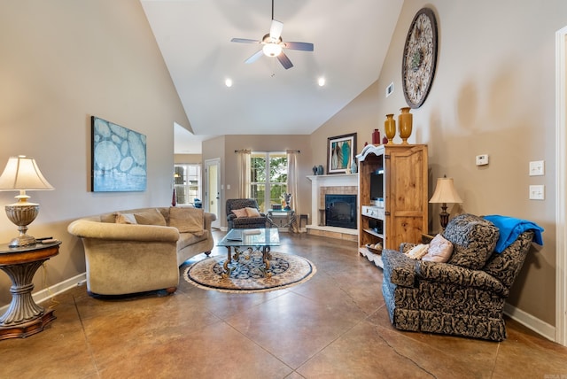 2355 Wilmington, Conway, AR 72034 - living area with high vaulted ceiling, concrete flooring, a ceiling fan, a tile fireplace, and recessed lighting