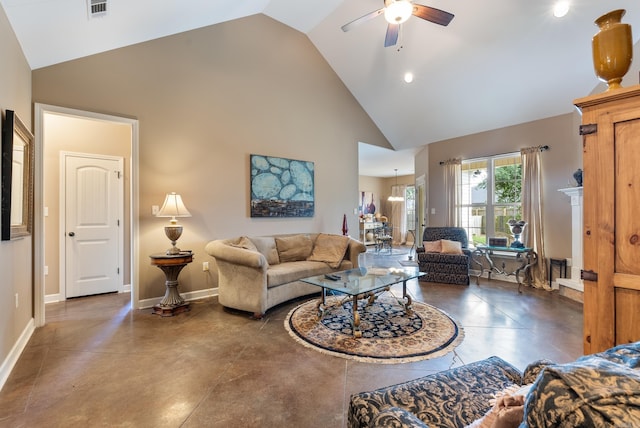 2355 Wilmington, Conway, AR 72034 - living area with high vaulted ceiling, a ceiling fan, concrete floors, and recessed lighting