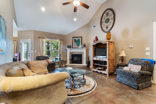 2355 Wilmington, Conway, AR 72034 - living room featuring high vaulted ceiling, ceiling fan, a fireplace, and finished concrete flooring