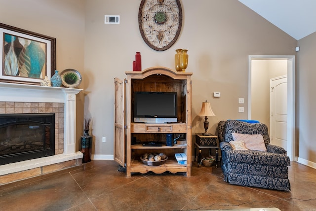 2355 Wilmington, Conway, AR 72034 - sitting room featuring a fireplace, high vaulted ceiling, and concrete flooring
