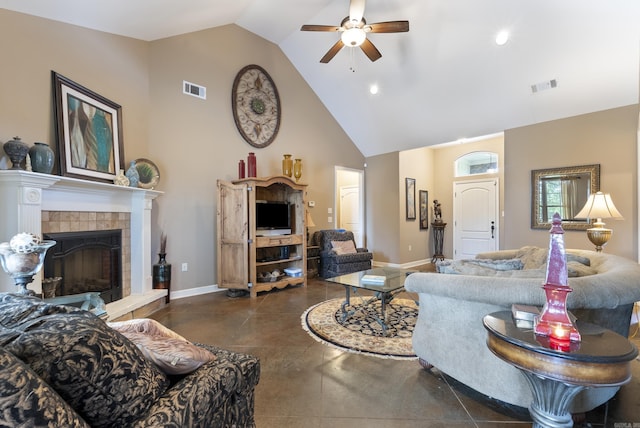 2355 Wilmington, Conway, AR 72034 - living area with a ceiling fan, high vaulted ceiling, a fireplace, and recessed lighting