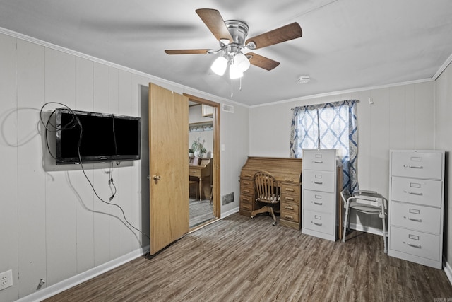 309 N Seaman St, Mccrory, AR 72101 - office space with dark wood-type flooring, crown molding, and a ceiling fan