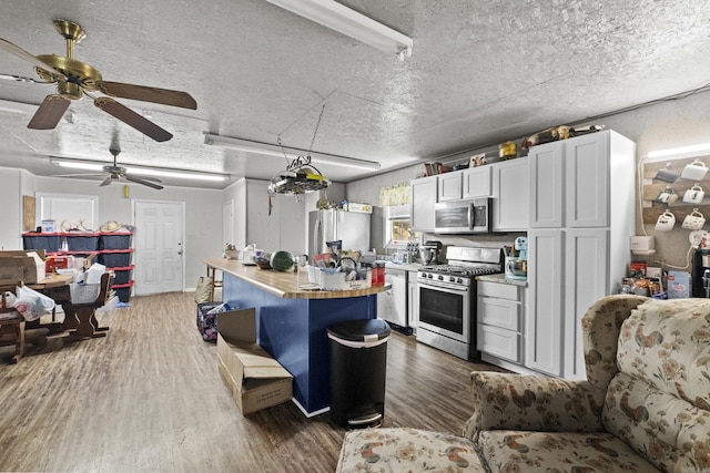 309 N Seaman St, Mccrory, AR 72101 - kitchen with appliances with stainless steel finishes, dark wood-style floors, light countertops, a ceiling fan, and a textured ceiling