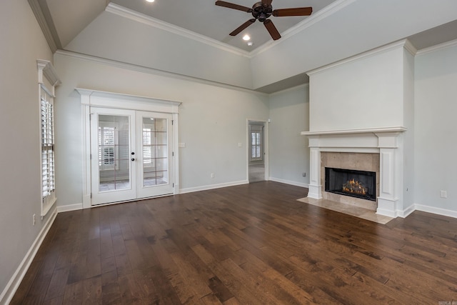 2300 Gordon Rd, Little Rock, AR 72223 - unfurnished living room featuring a fireplace, a ceiling fan, hardwood / wood-style flooring, french doors, and crown molding