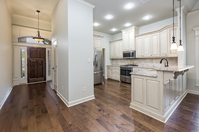 2300 Gordon Rd, Little Rock, AR 72223 - kitchen featuring stainless steel appliances, a peninsula, crown molding, light stone counters, and tasteful backsplash