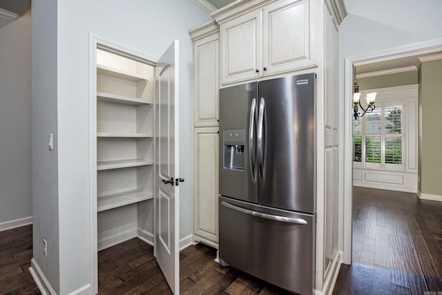 2300 Gordon Rd, Little Rock, AR 72223 - kitchen with stainless steel fridge with ice dispenser, dark wood finished floors, a chandelier, crown molding, and cream cabinets