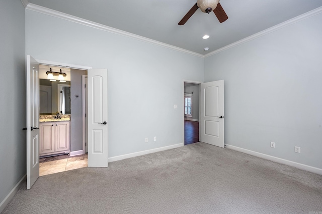 2300 Gordon Rd, Little Rock, AR 72223 - unfurnished bedroom with light colored carpet, ornamental molding, ensuite bath, a ceiling fan, and recessed lighting