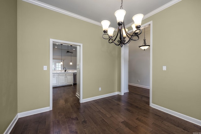 2300 Gordon Rd, Little Rock, AR 72223 - unfurnished dining area featuring a chandelier, crown molding, and dark wood-type flooring