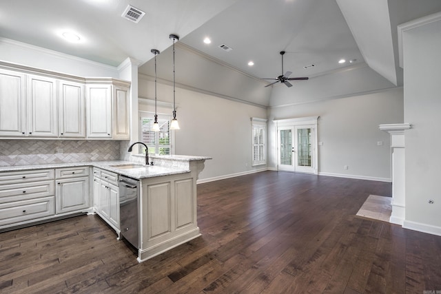 2300 Gordon Rd, Little Rock, AR 72223 - kitchen featuring stainless steel dishwasher, ceiling fan, a peninsula, open floor plan, and dark wood-style flooring