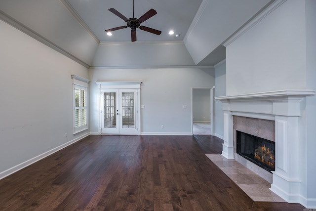 2300 Gordon Rd, Little Rock, AR 72223 - unfurnished living room with crown molding, a ceiling fan, a premium fireplace, dark wood-style flooring, and french doors