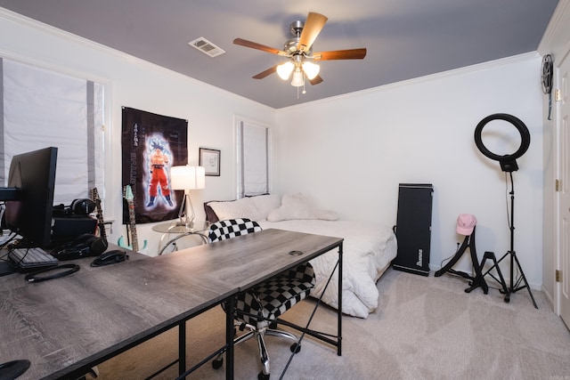 14220 Longtree Dr, Little Rock, AR 72212 - bedroom with crown molding, light carpet, a desk, and a ceiling fan