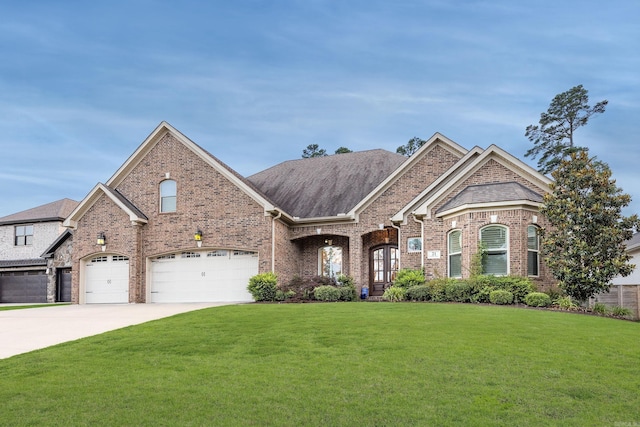21 Ensbury Pl, Little Rock, AR 72223 - view of front of house with brick siding, a front yard, concrete driveway, and a shingled roof