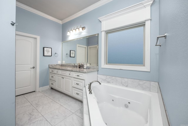 21 Ensbury Pl, Little Rock, AR 72223 - full bath with a whirlpool tub, vanity, marble finish flooring, and crown molding