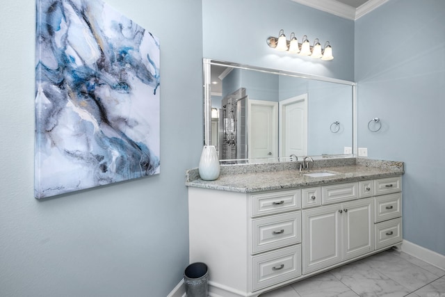 21 Ensbury Pl, Little Rock, AR 72223 - full bathroom featuring vanity, ornamental molding, marble finish floors, and a shower