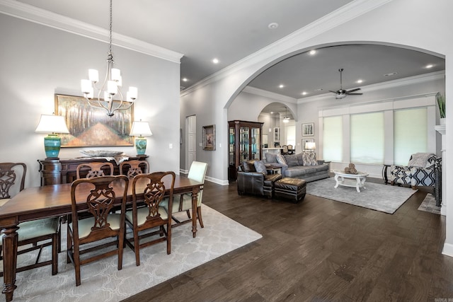 21 Ensbury Pl, Little Rock, AR 72223 - dining space with arched walkways, a ceiling fan, wood finished floors, crown molding, and a chandelier