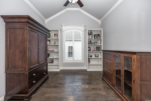 21 Ensbury Pl, Little Rock, AR 72223 - unfurnished office with vaulted ceiling, dark wood-style floors, ceiling fan, and crown molding