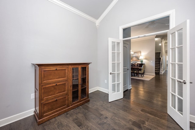 21 Ensbury Pl, Little Rock, AR 72223 - unfurnished room featuring french doors, ornamental molding, dark wood-style flooring, stairs, and vaulted ceiling