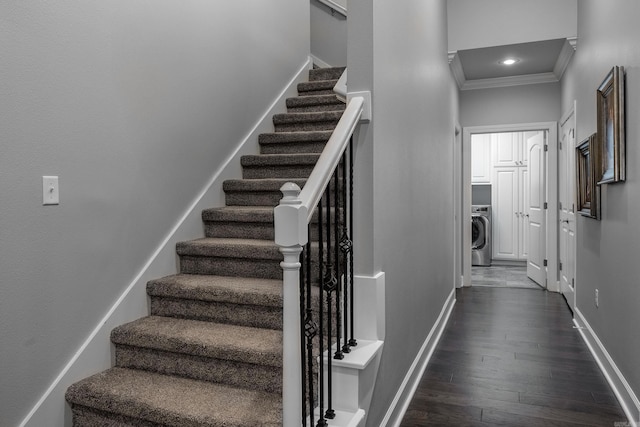 21 Ensbury Pl, Little Rock, AR 72223 - stairway with ornamental molding, wood finished floors, washer / dryer, and recessed lighting