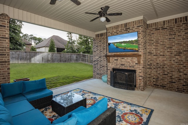 21 Ensbury Pl, Little Rock, AR 72223 - fenced backyard featuring an outdoor living space with a fireplace, a patio area, and a ceiling fan