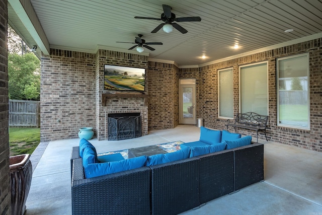 21 Ensbury Pl, Little Rock, AR 72223 - view of patio / terrace with an outdoor living space with a fireplace and ceiling fan