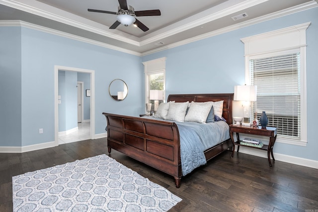 21 Ensbury Pl, Little Rock, AR 72223 - bedroom with wood finished floors, ornamental molding, ceiling fan, and a tray ceiling