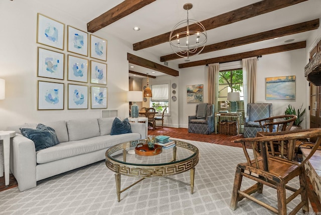 1811 N Jackson St, Little Rock, AR 72207 - living room featuring a chandelier, beam ceiling, wood finished floors, and recessed lighting
