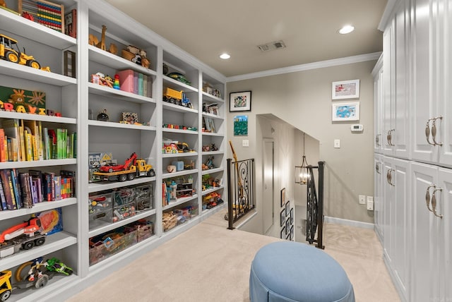1811 N Jackson St, Little Rock, AR 72207 - living area featuring ornamental molding, light carpet, an upstairs landing, and recessed lighting
