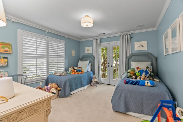 1811 N Jackson St, Little Rock, AR 72207 - bedroom featuring french doors, carpet flooring, access to outside, and crown molding