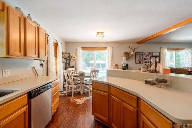 2838 Mountain View Rd, Drasco, AR 72530 - kitchen with dishwasher, dark wood-type flooring, light countertops, beamed ceiling, and open floor plan