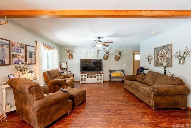2838 Mountain View Rd, Drasco, AR 72530 - living room with ceiling fan, wood finished floors, and beamed ceiling