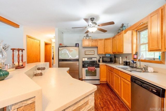 2838 Mountain View Rd, Drasco, AR 72530 - kitchen with appliances with stainless steel finishes, light countertops, a ceiling fan, and dark wood-style flooring