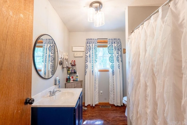 2838 Mountain View Rd, Drasco, AR 72530 - bathroom featuring vanity, wood finished floors, and a shower with shower curtain