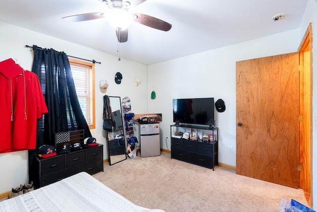 2838 Mountain View Rd, Drasco, AR 72530 - carpeted bedroom featuring freestanding refrigerator and ceiling fan