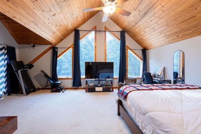 2838 Mountain View Rd, Drasco, AR 72530 - bedroom featuring carpet, wooden ceiling, vaulted ceiling, and ceiling fan