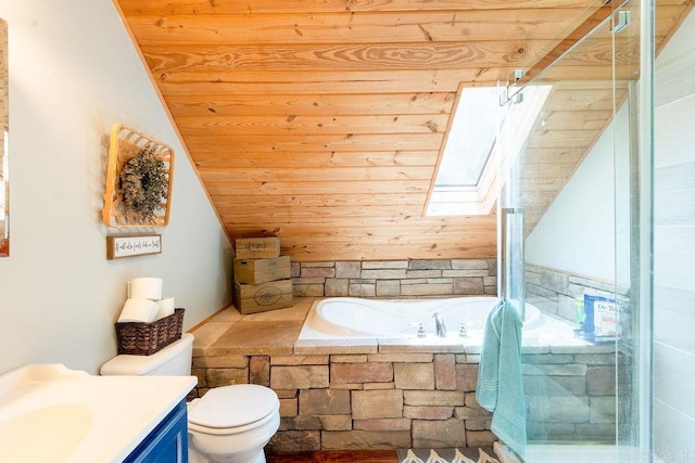 2838 Mountain View Rd, Drasco, AR 72530 - bathroom featuring wooden ceiling, vanity, tiled tub, lofted ceiling, and a shower with door