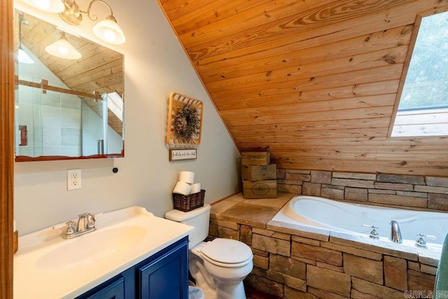 2838 Mountain View Rd, Drasco, AR 72530 - bathroom featuring vaulted ceiling, wood ceiling, a bath, vanity, and a tile shower