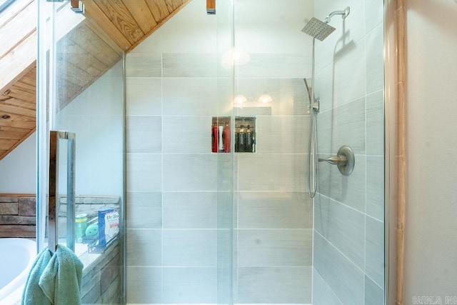 2838 Mountain View Rd, Drasco, AR 72530 - bathroom featuring a shower stall, vaulted ceiling, and wood ceiling