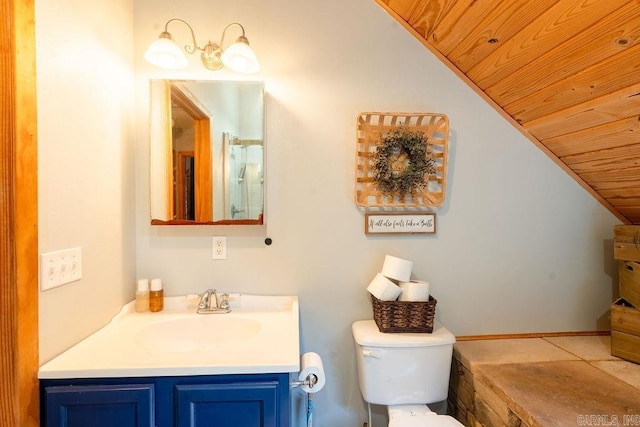 2838 Mountain View Rd, Drasco, AR 72530 - bathroom with lofted ceiling, vanity, and wood ceiling