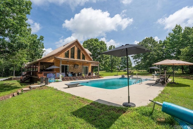 2838 Mountain View Rd, Drasco, AR 72530 - outdoor pool featuring a patio area, a diving board, a yard, and a wooden deck