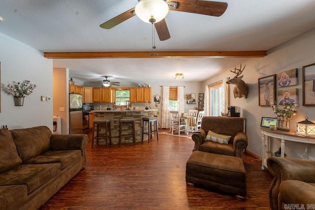 2838 Mountain View Rd, Drasco, AR 72530 - living area featuring a ceiling fan, dark wood-style flooring, and beamed ceiling