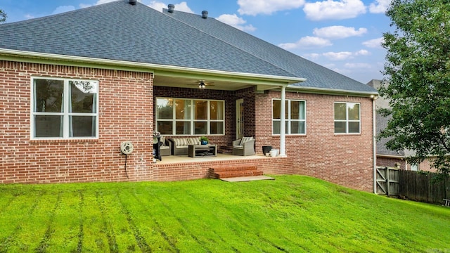 7 Chalamont Way, Little Rock, AR 72223 - rear view of property featuring outdoor lounge area, ceiling fan, roof with shingles, a patio area, and brick siding