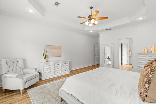 7 Chalamont Way, Little Rock, AR 72223 - bedroom with ornamental molding, a raised ceiling, light wood-style floors, recessed lighting, and ceiling fan
