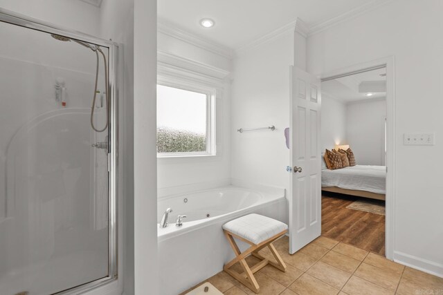 7 Chalamont Way, Little Rock, AR 72223 - full bathroom with a shower stall, crown molding, a whirlpool tub, tile patterned floors, and ensuite bathroom